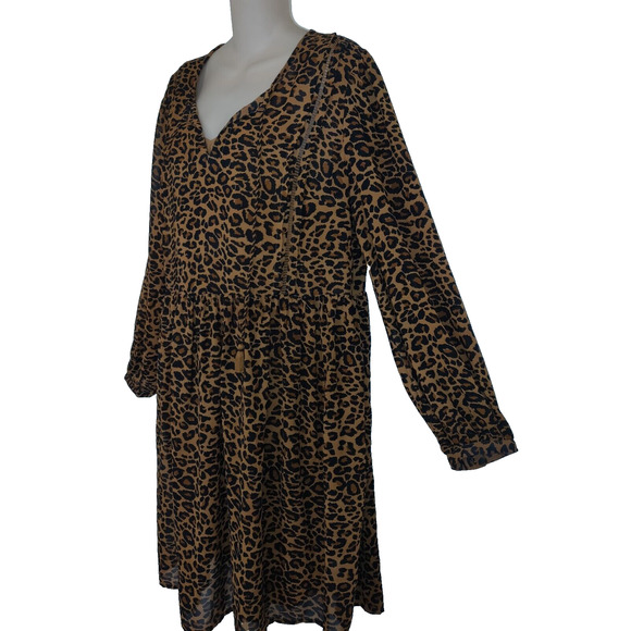Time And Tru LEOPARD Babydoll SMOCK Dress BOHO Hippie Peasant Animal Sz L 12-14 - Picture 3 of 15